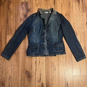 Halogen denim jacket with grey corduroy elbow patches and collar